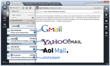 EmailTray client window with notifications from Gmail, Yahoo, AOL and POP3