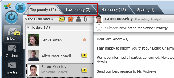 email tray top priority folder