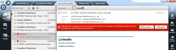phishing When the EmailTray email client for Windows suspects the email to be a phishing attempt, you will see a bright red warning.