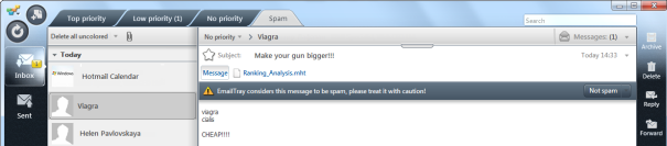 spam In case a possibly spam email went to your inbox, the EmailTray email client marks it with a special warning, that attracts your attention.
