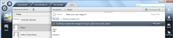 In case a possibly spam email went to your inbox, the EmailTray email client marks it with a special warning, that attracts your attention.