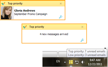 EmailTray notifications on desktop and taskbar